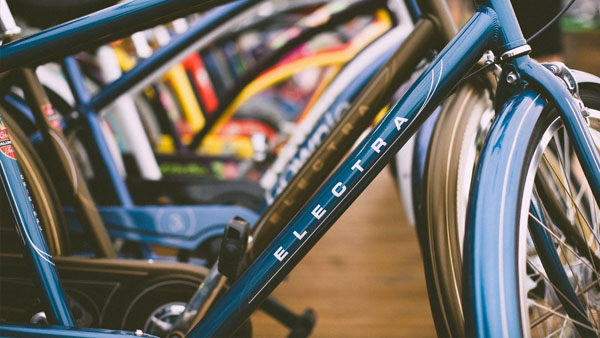 Close up of bicycles lined up in a row